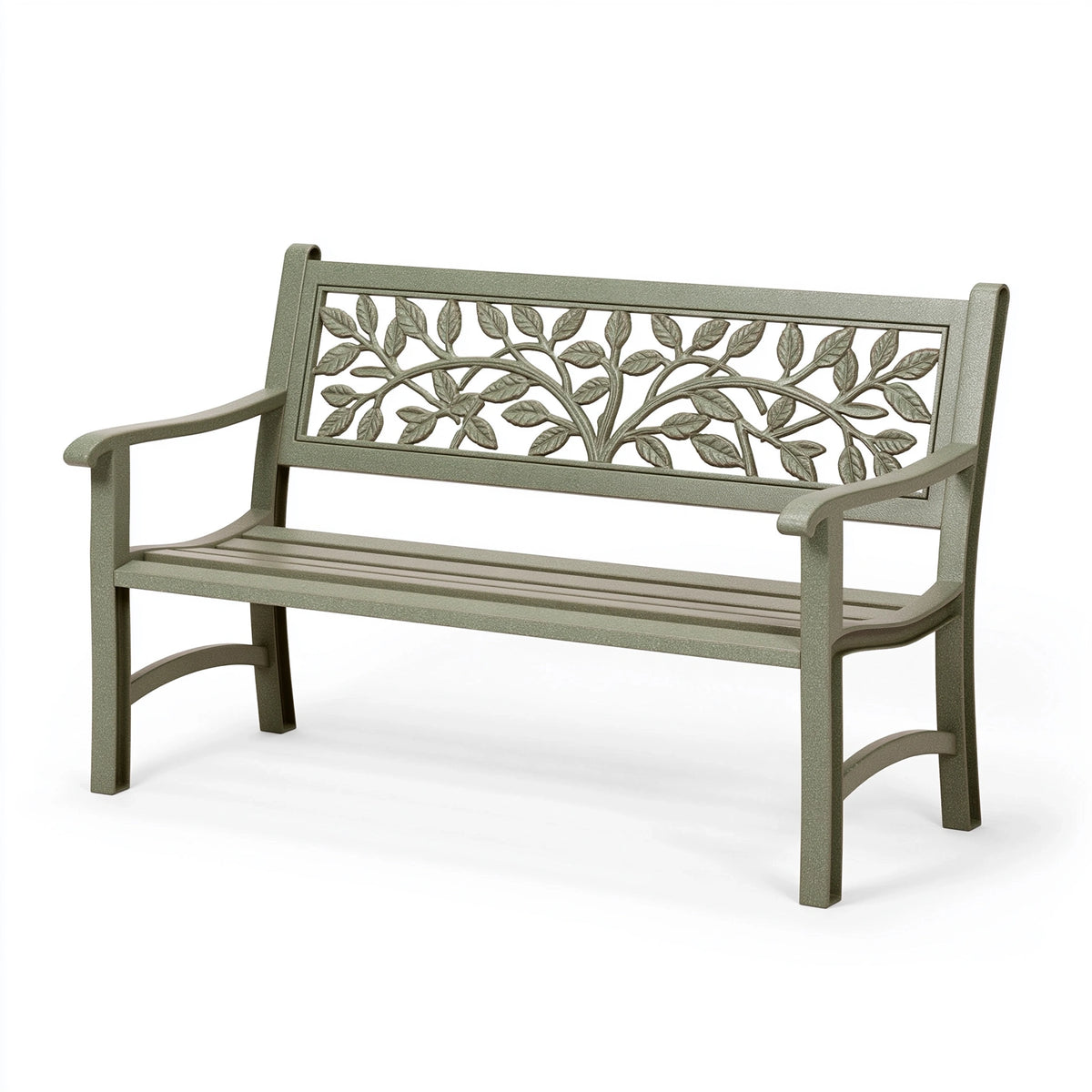 Gartenbank 123 x 60 x 88 cm Metall Olivgrün mit Blattranken-Rückenlehne