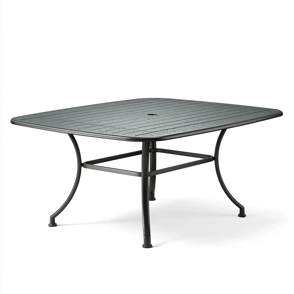 Gartentisch 150 x 90 x 72 cm aus Metall Schwarz mit Lamellenplatte und Sonnenschirmöffnung