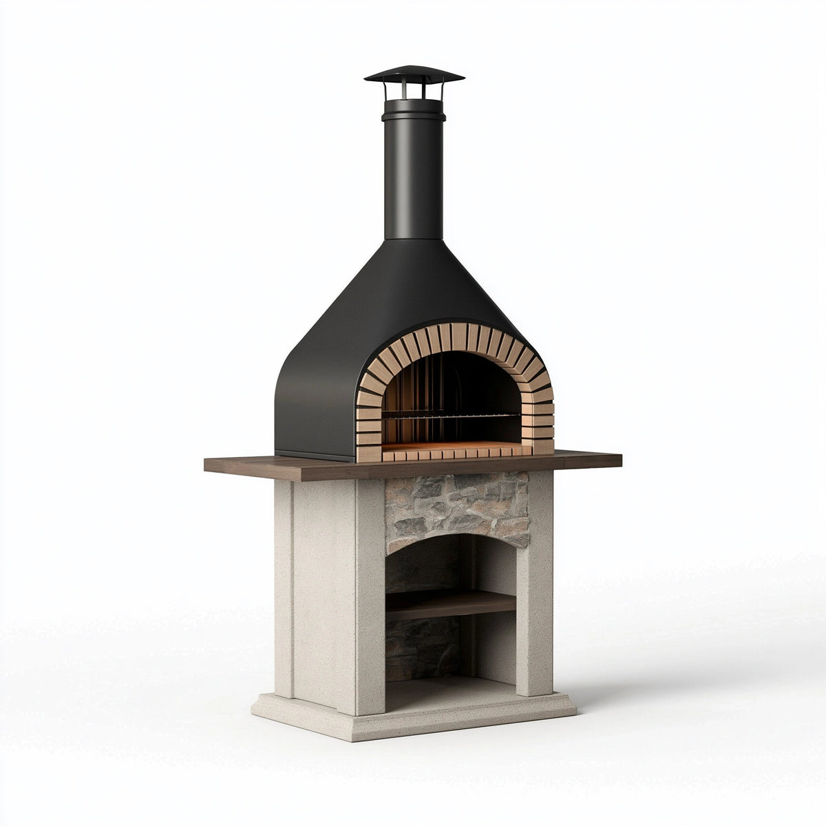 Garten-Pizzaofen 120 x 90 x 220 cm aus Metall und Schamottstein in Schwarz für den Außenbereich mit Kaminabzug